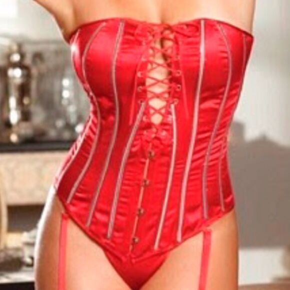 Shirley of Hollywood Red Small Medium Heavy Satin Strapless Boned Lace up Corset - Picture 1 of 2